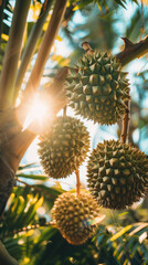 Fototapeta premium Close Up of Durian Fruits Hanging on Tree Branch with Sunlight Filtering Through Leaves in Tropical Orchard