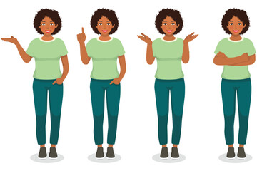 Fototapeta premium Set of young African woman showing different posing gestures and hand signs expressions 