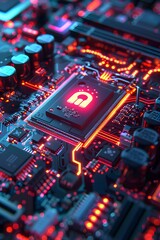 Fototapeta premium Social Technology Concept with user symbol on a Microchip. Data flows from the CPU across a Futuristic Motherboard. 3D render