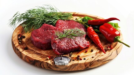 Fresh beef fillet served on a wooden plate with dill spicy peppers and a grinder against a white background