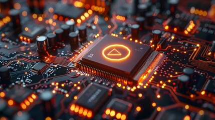 Fototapeta premium Social Technology Concept with user symbol on a Microchip. Data flows from the CPU across a Futuristic Motherboard. 3D render