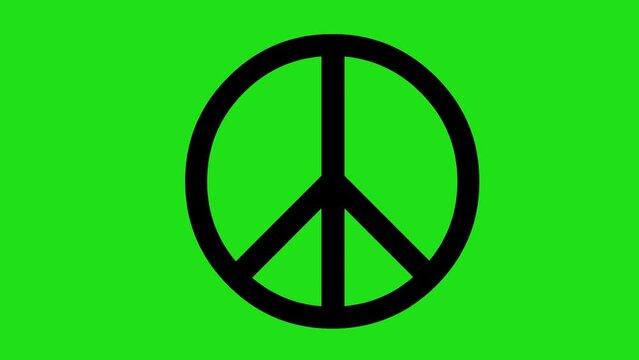 video animation black icon of peace symbol being drawn, on a green chroma key background