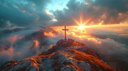 Crucifix at the top of a Mountain with Sunlight Breaking through the Clouds. Inspirational Christian Image