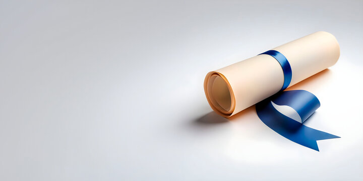 Diploma de formatura de faculdade com fita azul em fundo branco.