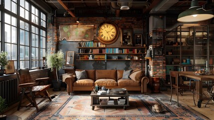 Industrial Styled Living Room with Vintage Furniture. Interior Design Background