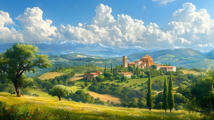 Obraz premium Wonderful European Landscape Image with Historic Buildings and Beautiful Rolling Fields