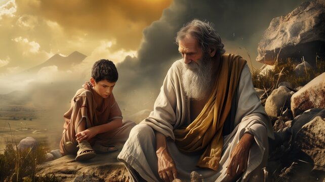 Realistic Biblical Art: Abraham and Isaac Depicted with Photorealism