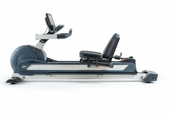 A rowing machine with a digital display and adjustable resistance settings, white background