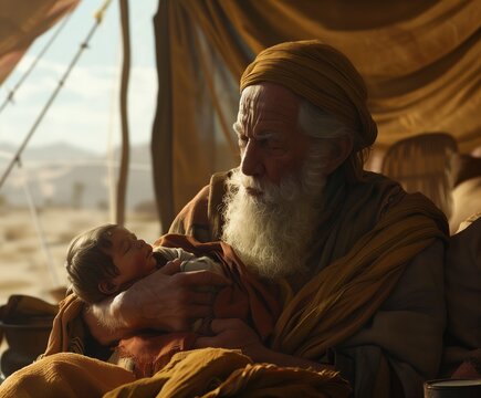 8K Hyper-Realistic Portrait: Abraham Welcomes Son Ishmael in Desert Tent