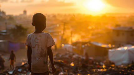 Obraz premium A child stands and watches the sunrise over an urban area, symbolizing hope, resilience, and a new beginning.
