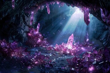 Fototapeta premium Enchanting underground cave illuminated by sunlight with gleaming purple crystals, creating a mystical and magical atmosphere.