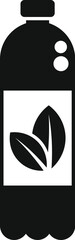 Black glyph icon representing a plastic bottle showing green leaves for eco friendly products
