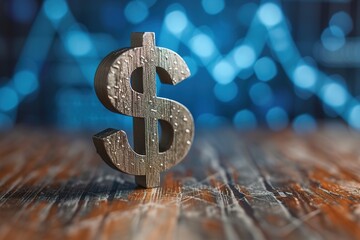 American Dollar Symbol Standing On Wood Surface In Front Of A Graph