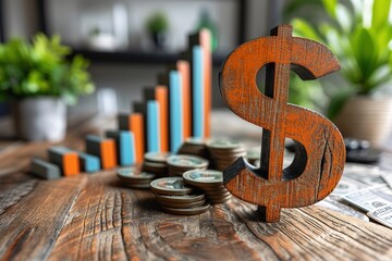 American Dollar Symbol Standing On Wood Surface In Front Of A Graph