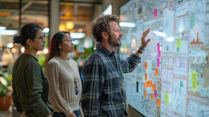 Diverse team collaborating on an interactive whiteboard in a modern office, planning and brainstorming ideas together.
