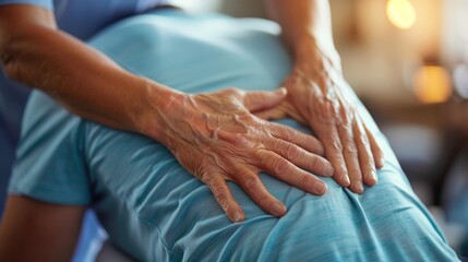 physical therapist massages a patient's back. Close-up of physical therapist's hands 