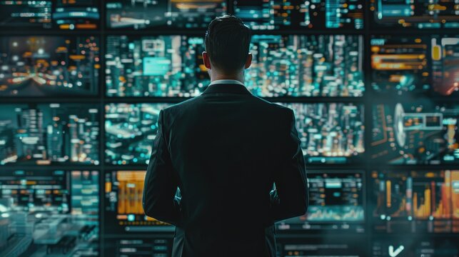 Businessman standing with his back to the camera, looking at digital screens