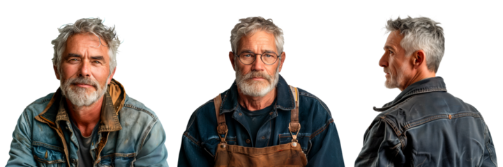 Portrait of a man of European appearance isolated on a white or transparent background. Front view of a mechanic in dirty work clothes. Car repair and maintenance concept.