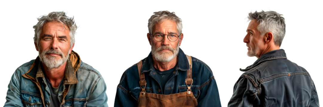 Portrait of a man of European appearance isolated on a white or transparent background. Front view of a mechanic in dirty work clothes. Car repair and maintenance concept.
