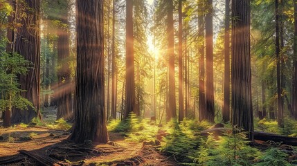 Fototapeta premium Majestic redwood forest with towering trees and dappled sunlight filtering through