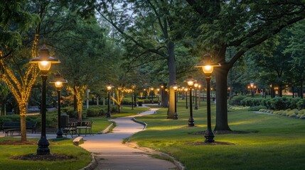 Park avenue at dusk with illuminated pathways and decorative streetlights