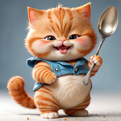 A charming illustration of an anthropomorphic ginger kitten with a large spoon, wearing overalls and a collar