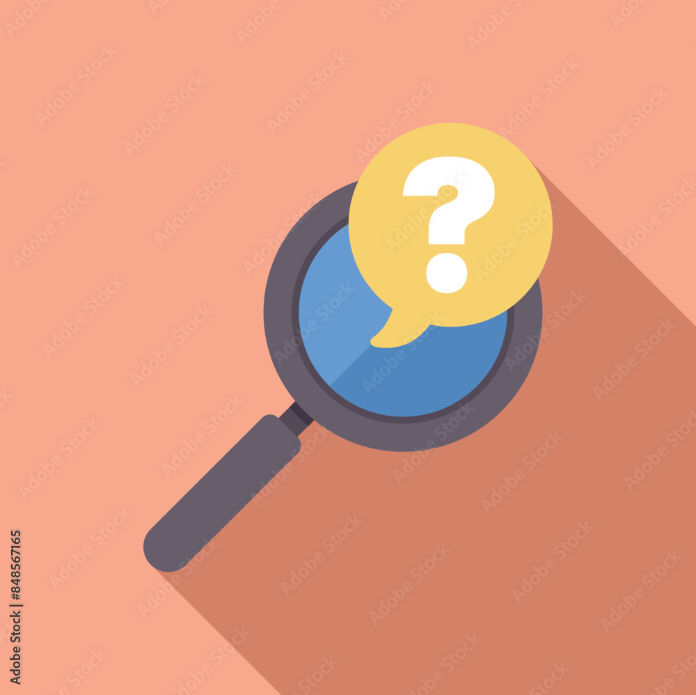 Poster magnifying glass is examining a question mark in a speech bubble, symbolizing problem solving
