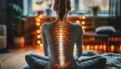 Digital composite of highlighted spine of woman with back pain at home. 