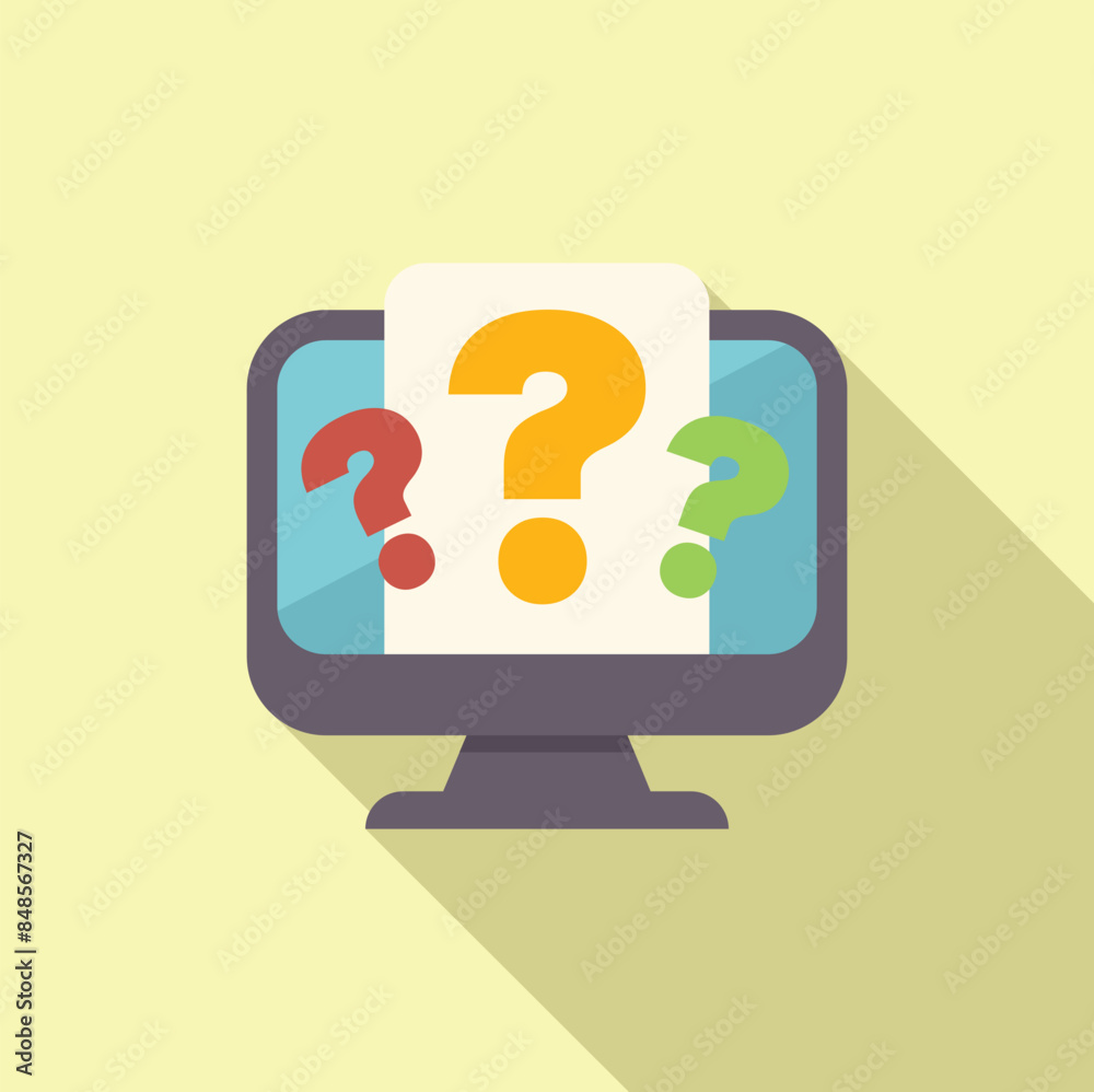 Poster illustration of a computer showing question marks on screen with document for frequently asked quest