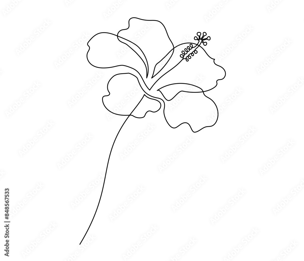 Poster One continuous line drawing of hibiscus flower. Floral abstract symbol in simple linear style. Organic red herbal tea concept in editable stroke. Elegance vector illustration