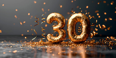 Turning 30 years, or anniversary. Balloons in the shape of the number 30 in gold