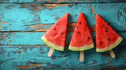Three watermelon slices on sticks on a blue wooden background.  A refreshing summer treat.