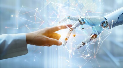 Human and robotic hands touching against a swirling kaleidoscope of data connections and code