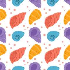 Seamless endless pattern with cute seashells and clams on white background. Print for printing on fabric, wrapping paper and sewing children clothes.