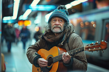 Obraz premium An old caucasian man in winter clothing and with a guitar busking in a busy subway with a train and people blurred in the background.
