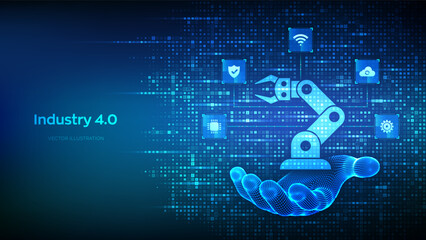 Smart Industry 4.0 icon made with binary code in hand. Factory automation. Autonomous industrial tech icons connections. Industrial revolutions steps. Binary code background with digits 1.0. Vector.
