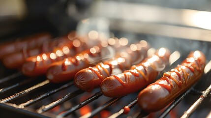 Close-up of hot dogs grilling on a barbecue, sizzling and ready for a summer cookout, perfect for Fourth of July celebrations.
