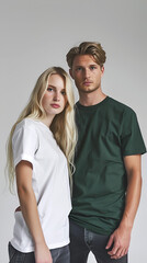 Fototapeta premium two blonde, norwegian models, with model featured face and body are standing next to each other, man is facing 30 degrees to the right towards the woman in a model shoot in a white studio