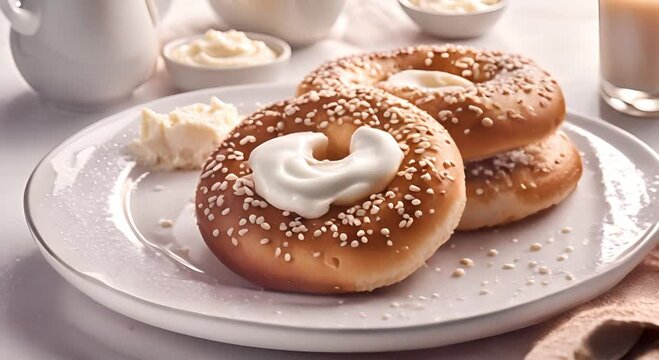 Cream cheese bagel and a glass of milk on a table
