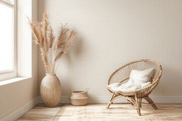 Fototapeta premium Boho style living room with wicker chair and pots. Copy space