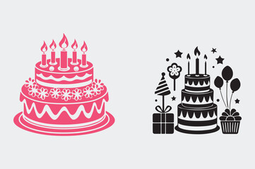 birthday cake with candles. white background, Artline, and outline. silhouette and mascot style.