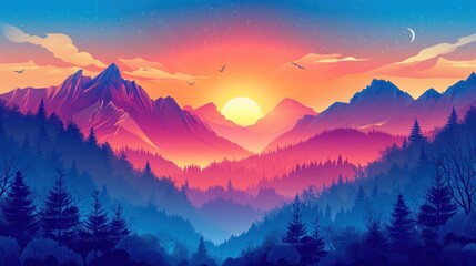 A beautiful mountain landscape with a bright orange sun in the sky.