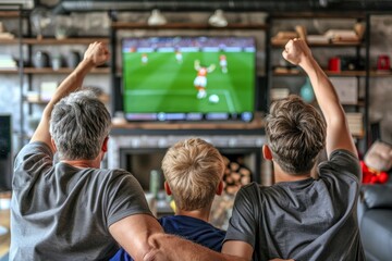 Family of three cheers soccer goal victory at home, tv screen displays match highlights