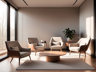  Cozy minimalist studio. Empty studio without people designing. Studio for podcasts or interviews. Stylish studio design. Two comfortable armchairs with lighting and a coffee table design. 