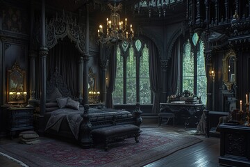 Fototapeta premium Victorian Gothic bedroom decor with dark colors and ornate details