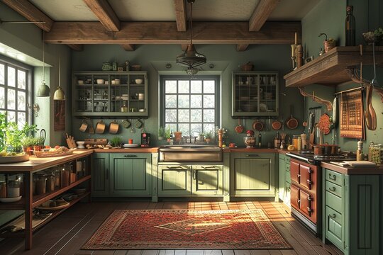 Traditional English country kitchen with cozy, inviting atmosphere and rustic charm