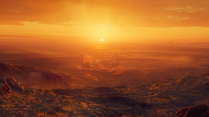 Fototapeta premium Atmospheric Panorama on the Surface of Mars. Martian Landscape Photo with Hazy Orange Sky