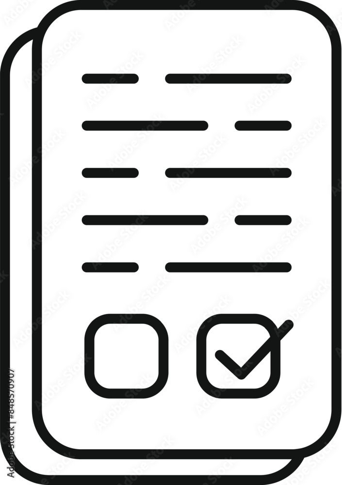 Poster line art icon of a document with check mark representing a completed task or approved application fo
