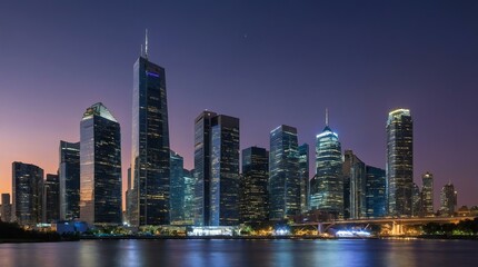 Obraz premium Skyscraper Night View, Cityscape at Night, Illuminated Buildings,City Buildings