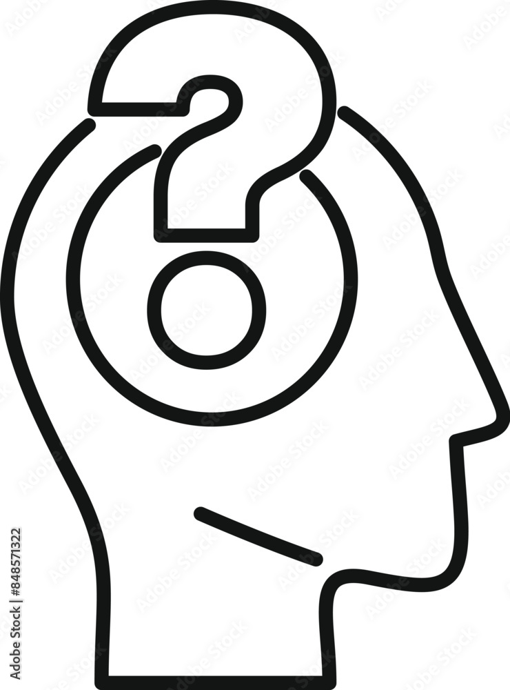 Poster human head silhouette with question mark inside, representing thinking process, finding solution and